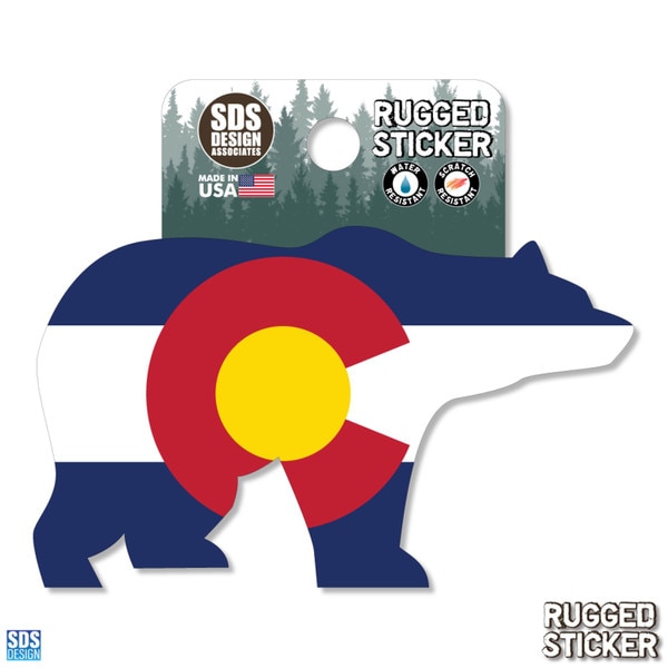 Rugged sticker shaped like a bear featuring the Colorado state flag design in blue, red, yellow, and white.